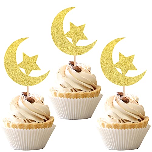 24 PCS Eid Moon Star Cupcake Toppers Gold Glitter Ramadan Kareem Eid Mubarak Cupcake Picks for Eid Islamic Muslim Theme Party Cake Decorations Supplies - color: Design 4