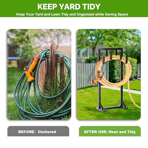 Heavy-Duty Garden Hose Holder with Stable Base and Tool Hooks, Freestanding Metal Hose Hanger Garden Hose Storage Holds 151Ft Hose, Rustproof Water Hose Holder for Outside Yard Lawn, Black - color: All Black