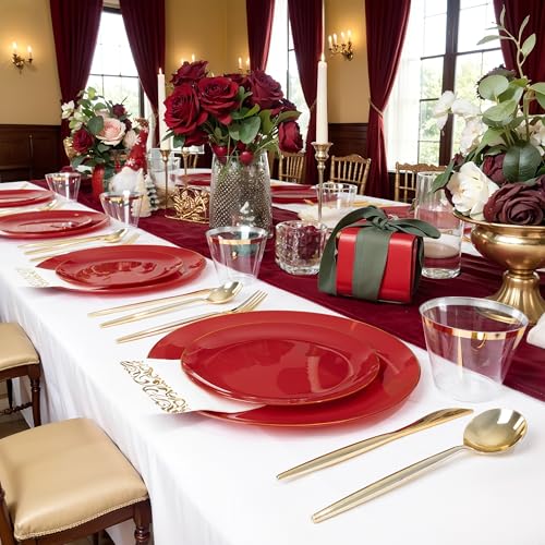 MirthMood 210pcs Red Plastic Plates,Disposable Red Gold Party Plates,Include 30 Dinner,Dessert Plate,30 Cup&30 Napkins, 90 Gold Silverware for Wedding & Party & Birthday（Plum Red） - color: Plum Red, size: 210