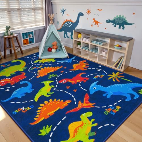 STARUIA Large 5x7 Area Rugs Washable Kids Rug for Bedroom, Soft Bule Cartoon Dinosaur Boys Room Rug, Cute Animal Patterns Nursery Rugs Toddler Carpet for Kids Room Playroom Living Room - color: Blue, size: 5x7