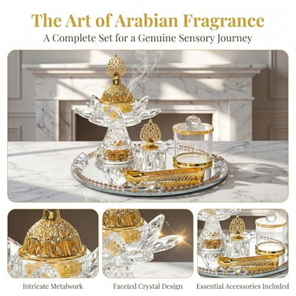 Generic Glass Incense Burner 5-Pieces Set Ramadan Decoration with Tray Storage Jar and Tongs Censer Arabian Incense Holder,Attractive Gold Incense Burner Set for Yoga SPA Desk Decor - style: Style D
