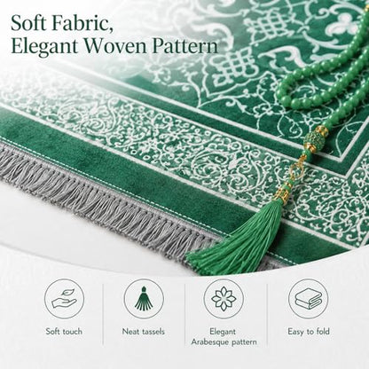 Muslim Prayer Rug with 99-Bead Tasbih, Soft Islamic Prayer Mat Sajadah for Daily Salah, Ramadan Eid Gifts for Men Women, Foldable Janamaz Prayer Rug - color: Dark Green