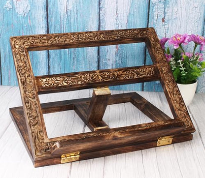 Mother’s Day Adjustable Wooden Book Stand, Handmade Quran Bible Geeta Cookbook Holder, Folding Reading Display Stand, Carved Prayer Rihal Rest, Recipe Book Holder, Gifts for Mom
