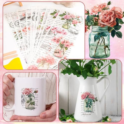 WANDIC 10 Sheets Rub On Transfer Sticker, Pink Flower Stickers Waterproof Transfer Decals for DIY Scrapbooking Photo Albums Furniture,11.8 * 3.9in - color: Pink Flower