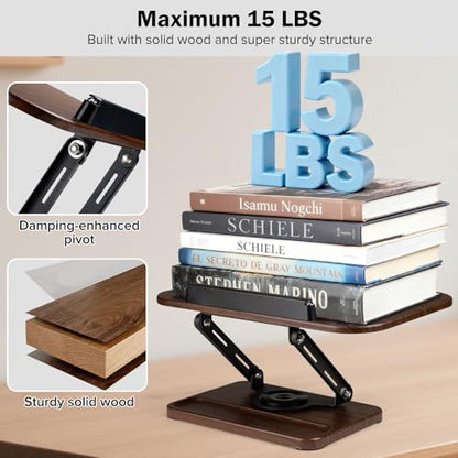 Book Stand with Light & Storage, Book Holders for Reading Hands Free, Wooden Cookbook Stand with Adjustable Height & 360 °Angle for Recipe,Magazine,Laptop,Tablet, Bible