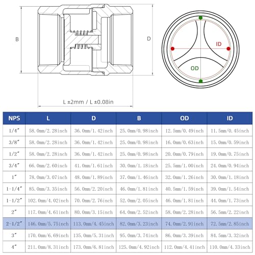 2-1/2" NPT Stainless Steel Spring Check Valve, WOG1000 NPT Thread unleaded In-Line Vertical Check Valve Non Return One Way Counterflow to Prevent the Medium Backflow for Oil Water Gas Air DN65 - size: 2-1/2"-NPT