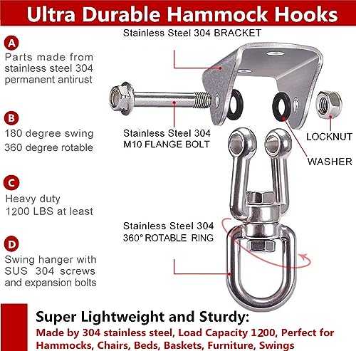 Hammock Hanging Kit - 1200 LB Capacity Heavy Duty 360° Rotating,Outdoor Patio Porch Swing Hardware, Heavy Duty Punching Bag Swivel Hanger,Ceiling Hook for Concrete Wood Swing, Yoga, Gym