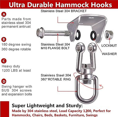 Hammock Hanging Kit - 1200 LB Capacity Heavy Duty 360° Rotating,Outdoor Patio Porch Swing Hardware, Heavy Duty Punching Bag Swivel Hanger,Ceiling Hook for Concrete Wood Swing, Yoga, Gym