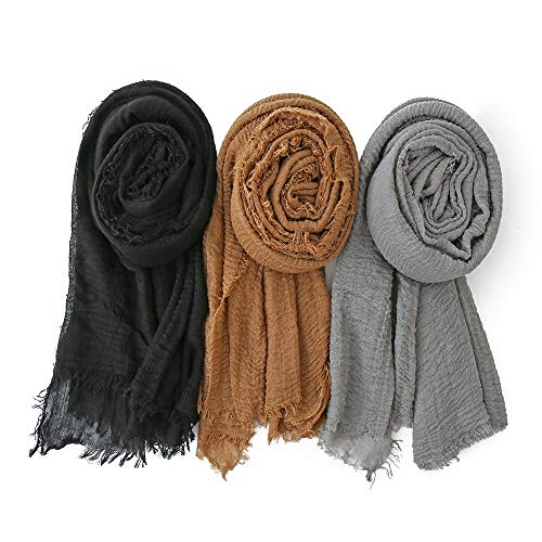 EVQ Soft Cotton Hemp Scarf Wrap Long Hijab Scarves for Women - color: Black+brown+gray