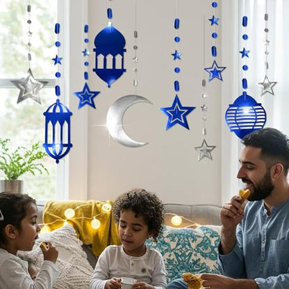 Cheerland Silver Blue Ramadan Decorations for Home Star Moon Lantern Garland Islamic Hanging Streamer Backdrop Eid Mubarak Decorations Lesser Bairam Holiday Celestial Banner Night Party Supplies 16pcs