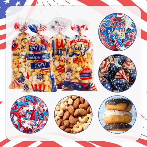 4th of July Treat Bags, 120 PCS Patriotic Cellophane Bags, Plastic Clear Red White Blue Candy Cookie Gift Goodie Snack Bag with Twist Tie for Independence Day 4th Fourth of July Party Favors Supplies - color: Clear-Patriotic-120pcs