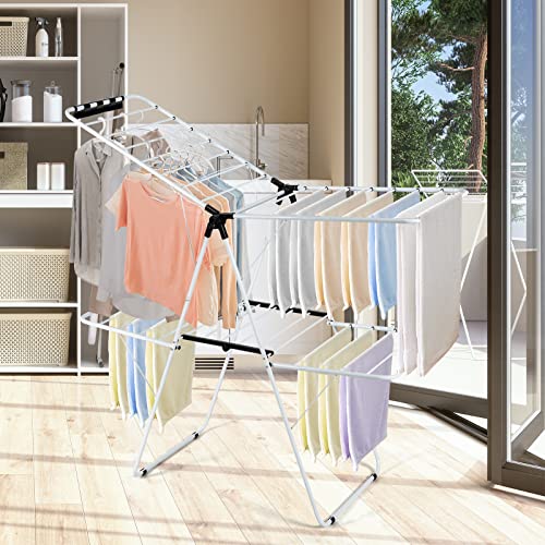 GOFLAME 2-Tier Clothes Drying Rack, Folding Laundry Dry Rack with Adjustable Supporting Bar, 26 Premium Clips, Space-Saving & Collapsible Laundry Hanger for Easy Storage, No Assembly Needed - size: 60.5” x 22” x 35.5”