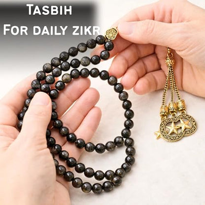 Amazing Gemstone Crystal Tasbeeh with Moon and Star Charm - Certified Crystal Muslim Prayer Beads Natural Gemstone Tasbih Gift for Ramadan Dhikr and Daily Namaz (G) - color: Gold Sheen Obsidian