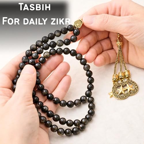 Amazing Gemstone Crystal Tasbeeh with Moon and Star Charm - Certified Crystal Muslim Prayer Beads Natural Gemstone Tasbih Gift for Ramadan Dhikr and Daily Namaz (G) - color: Gold Sheen Obsidian