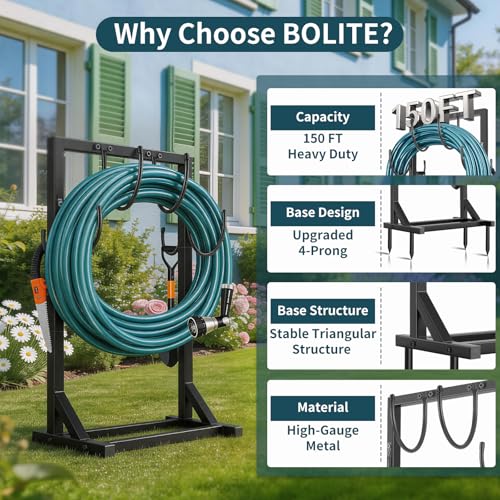 Garden Hose Holder Stand, BOLITE Heavy Duty Metal Hose Hanger, Holds 150ft | Freestanding & Detachable Water Hose Holder for Outside, 4 Spikes & 2 Tool Hooks, Storage Rack for Outside Yard Lawn Farm - style: Freestanding