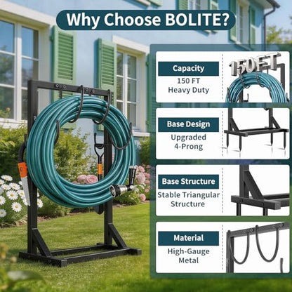 Garden Hose Holder Stand, BOLITE Heavy Duty Metal Hose Hanger, Holds 150ft | Freestanding & Detachable Water Hose Holder for Outside, 4 Spikes & 2 Tool Hooks, Storage Rack for Outside Yard Lawn Farm - style: Freestanding