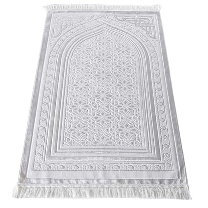 Modefa Luxury Velvet Prayer Rug with Prayer Beads | Soft Elegant Muslim Turkish Janamaz Sajada Carpet for Men and Women | Plain Solid Prayer Mat Ramadan Eid Gift - Najma (White) - color: Najma White