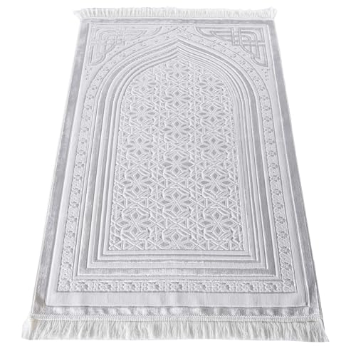 Modefa Luxury Velvet Prayer Rug with Prayer Beads | Soft Elegant Muslim Turkish Janamaz Sajada Carpet for Men and Women | Plain Solid Prayer Mat Ramadan Eid Gift - Najma (White) - color: Najma White