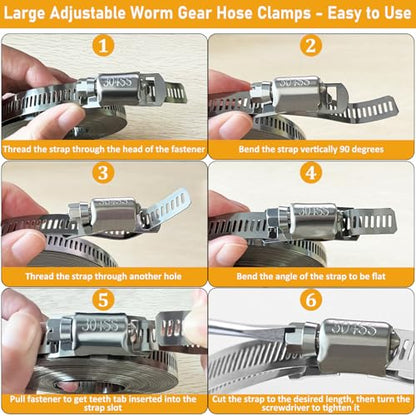 Hose Clamps Stainless Steel, Large Worm Gear Duct Pipe Hose Clamp Assortment Kit, Band Fittings Strap, 32.81FT Adjustable Metal Bolt with 20 Stronger Fasteners Screw for Plumbing Auto Tube Fuel Line - size: 1 Set - 10 m Metal Strap + 20 Fasteners