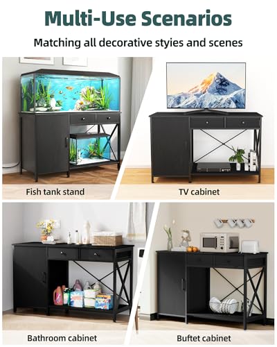 55-75 Gallon Aquarium Stand with Cabinet Drawer, Power Outlet,Black | Fish Tank Stand,Heavy Duty Metal for Turtle Tank , Reptile Terrarium,Fits Office Home,48"x 19"MDF Tabletop,1200lbs Capacity - color: Blcak, size: 55-75 Gallon