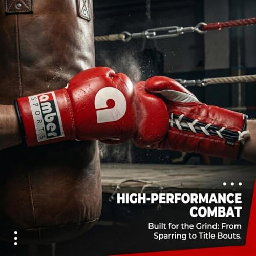 Amber Fight Gear Professional Leather Fight Gloves – Competition Ready Boxing & Kickboxing Gloves – Padded Multi-Layered Foam – Pre-Curved Safety Design – Sizes 8oz, 10oz, 12oz – Red & Blue - color: Red, size: 8 oz