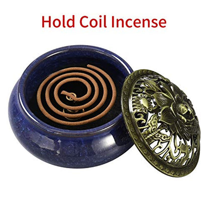 Miupoo Incense Burner and Cone Incense Holder with Brass Incense Stick Holder Ceramic Ash Catcher (Dark Blue) - color: Dark Blue