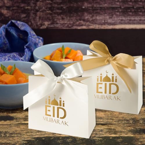 20 Pack Eid Party Favor Box, Eid Moon Candy Box, Ramadan Mubarak Party Goodie Box, DIY Eid Treat Paper Box with Ribbon Bow, Islam Muslim Wedding Festival Candy Box, Chocolate Cookie Souvenir Boxes for Eid Party Supplies Gold Castle Goodie Present Bag - co