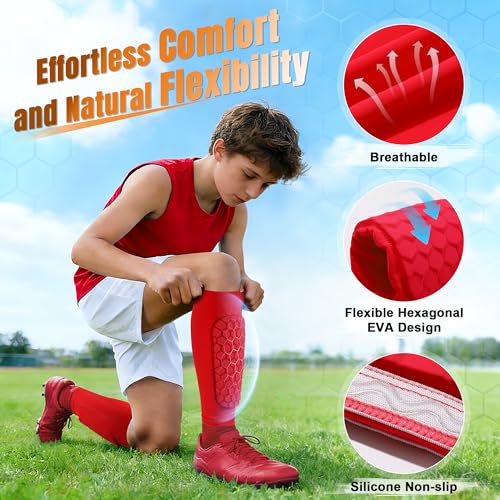 XZQTIVE Soccer Shin Guards Shin Defender for Kids Youth Adult, Ski Shin Guard Calf Compression Sleeve with Honeycomb Shin Pads - color: red, size: X-Large