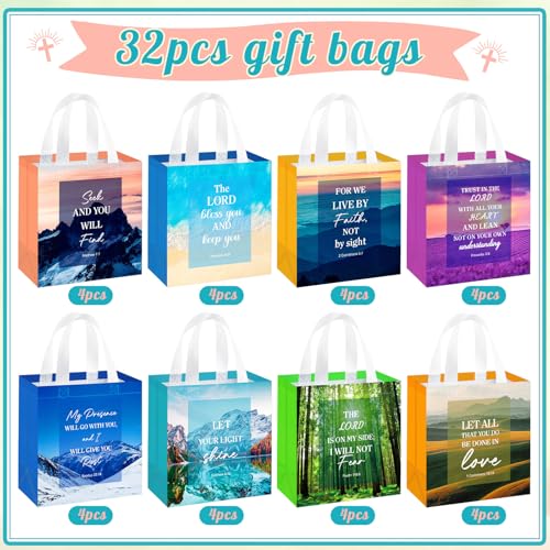 HunnmingRe 32 Pcs Christian Gift Bags Bulk,Reusable Scene Religious Bible Verse Tote with Handles Non Woven Scripture Pastor Blessing Gift for Baptism Church Wedding Favors - style: Scene