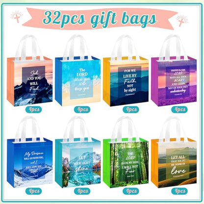 HunnmingRe 32 Pcs Christian Gift Bags Bulk,Reusable Scene Religious Bible Verse Tote with Handles Non Woven Scripture Pastor Blessing Gift for Baptism Church Wedding Favors - style: Scene