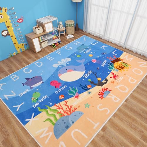 Kids Rugs for Playroom,9'2" x 6'6" ABC Alphabet Whale Kid Rug,Non-Slip Ocean Kids Rug Play Mat,Washable Educational Classroom Rugs Kid Area Carpet for Kid Room Bedroom Playroom(for Age 2+) - size: 9'2" x 6'7" (Rectangular)