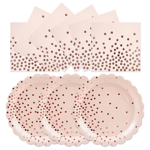 50pcs Pink and Rose Gold Plates and Napkins Party Supplies, 7 Inch Scalloped Pink Paper Dessert Plates Set Disposable Tableware for Birthday Wedding Engagement Bridal Shower Baby Shower Decorations - color: Pink Dot