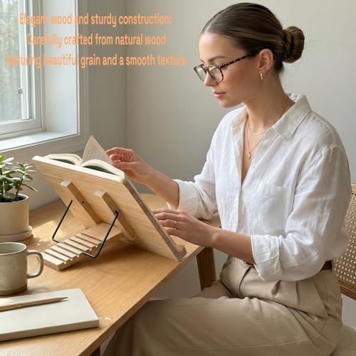 Wooden Book Stand 8 Adjustable Angles, Foldable Reading Holder with Page Clips, Hands-Free Cookbook Stand for Textbook Tablet Laptop Desktop, Ergonomic Portable Book Stand for Kitchen Office Study - size: 13.4x9.45inch