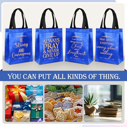 Aliceset 64 Pcs Christian Gift Bags Bulk with Handles for Church Favors Reusable Medium Bible Verse Religious Gift Bags Non Woven Welcome Totes for Baptism Vacation Bible School Gifts (Blue) - color: Blue