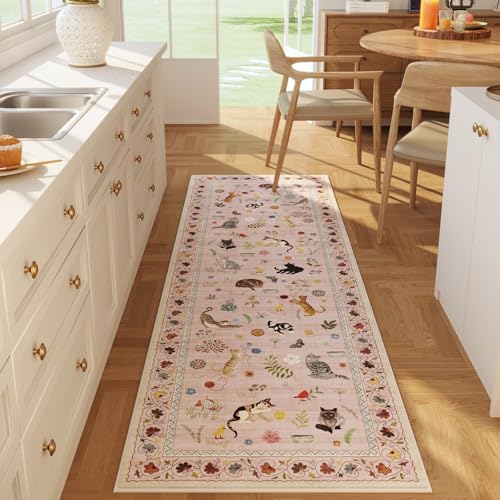 Rugcomf Runner Rug 2'7"x8' Washable Non Slip Floral Animal Cat, Pink - color: Pink/Cat, size: 2'7" x 8' (Rectangular)