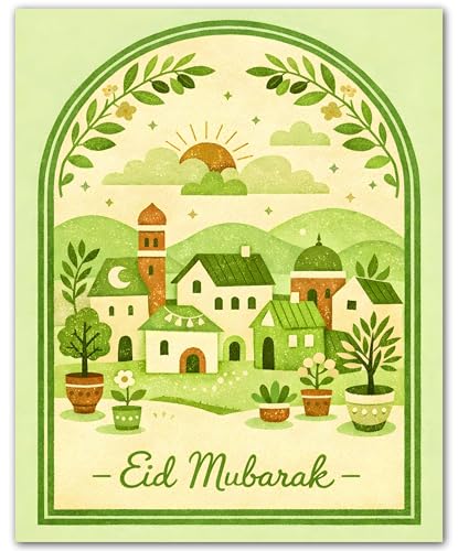 ZUKIY Islamic Wall Art - Green Village Mosque I - Muslim Wall Decor for Living Room - Islamic Home Decor - 8x10 Unframed Poster - color: Green Village Mosque I