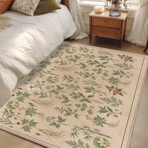 Vintage Botanical 3' x 5' Area Rugs for Room, Washable Bedside Runner Carpet with Rug Tape, Country Herbs Leaves Plants Flowers Brown Accent Throw Rug Indoor Floor Carpet for Kitchen Nursery - size: 3' x 5' (Rectangular)
