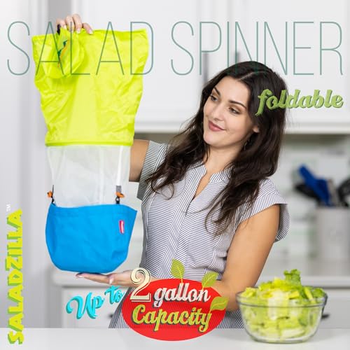Saladzilla by Kahuna Gear: 대형 샐러드 스피너, 7.6L(2갤런) 용량 (8쿼트), 접이식 및 휴대용 [채소/새싹/마이크로그린/허브 건조기] 내구성 있는 BPA 프리 원단