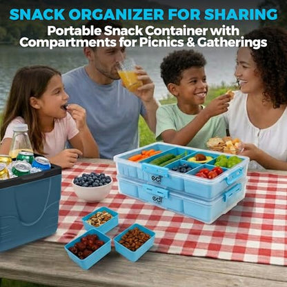 Stackable Snack Organizer Container 2 Pack, 14 Compartments Food Storage Tray with Lids & Handles for Travel & Charcuterie, BPA-Free, Dishwasher & Microwave Safe (Blue 2 Pack) - color: Blue