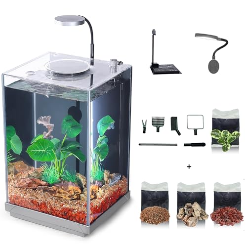 Nano Desktop Betta Aquarium 2.7 Gallon Glass Fish Tank Set, Hidden Bottom Filtration System Self Cleaning Filter Light Gravel Plant Cleaning Tool, for Small Space Easy Setup Space-Saving Design