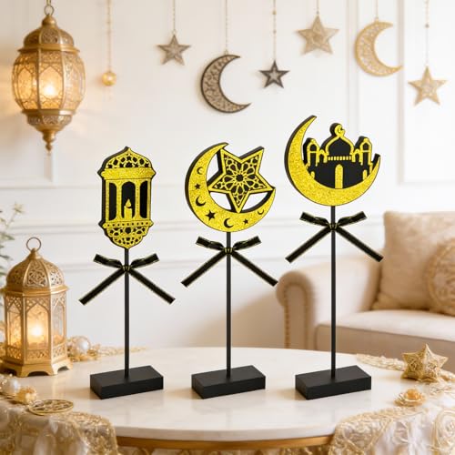 3-Piece Ramadan Wooden Table Decorations, Black Gold Eid Mubarak Table Topper Set, Shiny Islamic Ramadan Tiered Tray Decor for Muslim Party, Wedding, Tabletop, Bookshelf, Home Decor