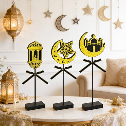 3-Piece Ramadan Wooden Table Decorations, Black Gold Eid Mubarak Table Topper Set, Shiny Islamic Ramadan Tiered Tray Decor for Muslim Party, Wedding, Tabletop, Bookshelf, Home Decor