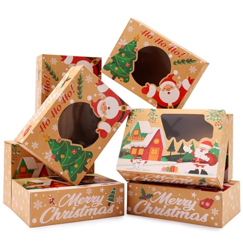 24 Pack Christmas Cookie Boxes - 8.25"x6"x2.75" Brown Kraft Bakery Box with Window for Holiday Treats, Gift Exchange Box for Baked Goods, Cookie Tins with Lids for Gift Giving - color: Christmas-Brown
