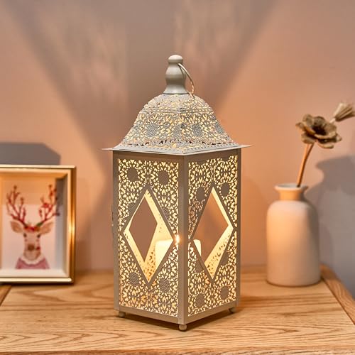 Moroccan Lantern Lamp Decorative Candle Holders for Ramadan Decorations, Hanging, Outdoor Patio or Porch, Indoor Home Decor（11.6inch White） - color: White 11.6inch