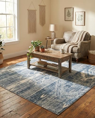 Rugs.com - Oregon Rug – 6 Ft Square Blue Gray Stain-Resistant Area Rug – Retro Tribal Style for Living Rooms, Bedrooms - color: Blue Gray, size: 6' x 6' (Square)