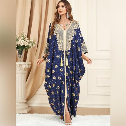ODIZLI Muslim Abaya for Women Long Dresses Dubai Pendant Bat Sleeves Turkey African Caftan Vest - color: Blue