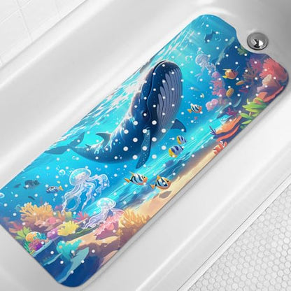 LNOND Bath Mat for Tub for Kids, Ocean Bathtub mat Non Slip,Blue Whales Bath Mats for Bathroom Non Slip with Drain Holes and Suction Cups,Machine Washable (40 X 16 Inch) - color: Blue Whales