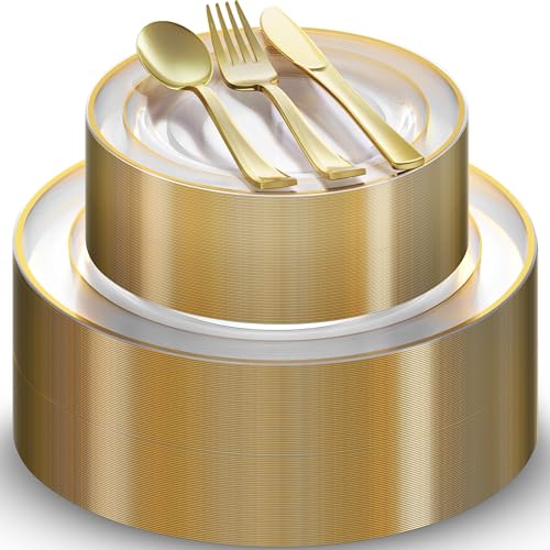125 Piece Gold Dinnerware Party Set - 50 Gold Rim Clear Plastic Plates, 25 Dinner 25 Dessert Plates, 25 Knives, 25 Forks, 25 Spoons - 25 Guest Disposable Set for Wedding Birthday Parties - color: Clear / Gold