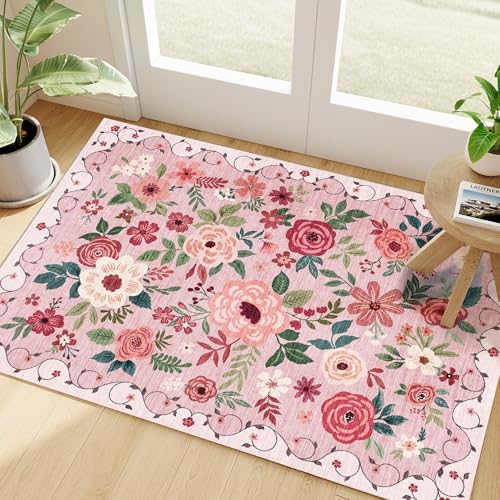 DUKINO 2x3 Entryway Rug, Floral Door Mat Soft Washable Rug Non Slip, Pink - color: Pink, size: 2' x 3' (Rectangular)