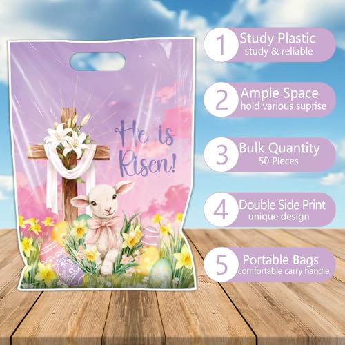 Falueqg Religious Easter Party Favor Bags - 50 Pcs He is Risen Happy Easter Goodie Candy Gift Bags First Communion Religious Cross Party Favors for Christian Spring Hunt Egg Game Baptism Supplies - color: Cross Easter